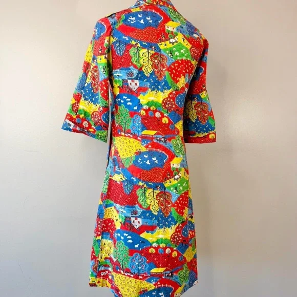 Vintage 1970s Novelty Print Tunic Shirt Jacket Farm Rainbow Retro 70s Groovy - Picture 5 of 8
